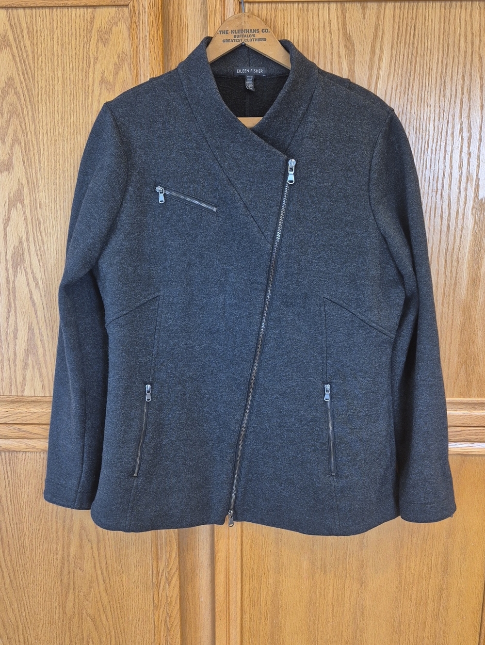 Eileen Fisher Dark Charcoal Black Wool Blend Asymmetric Zip Moto Jacket Size Lg